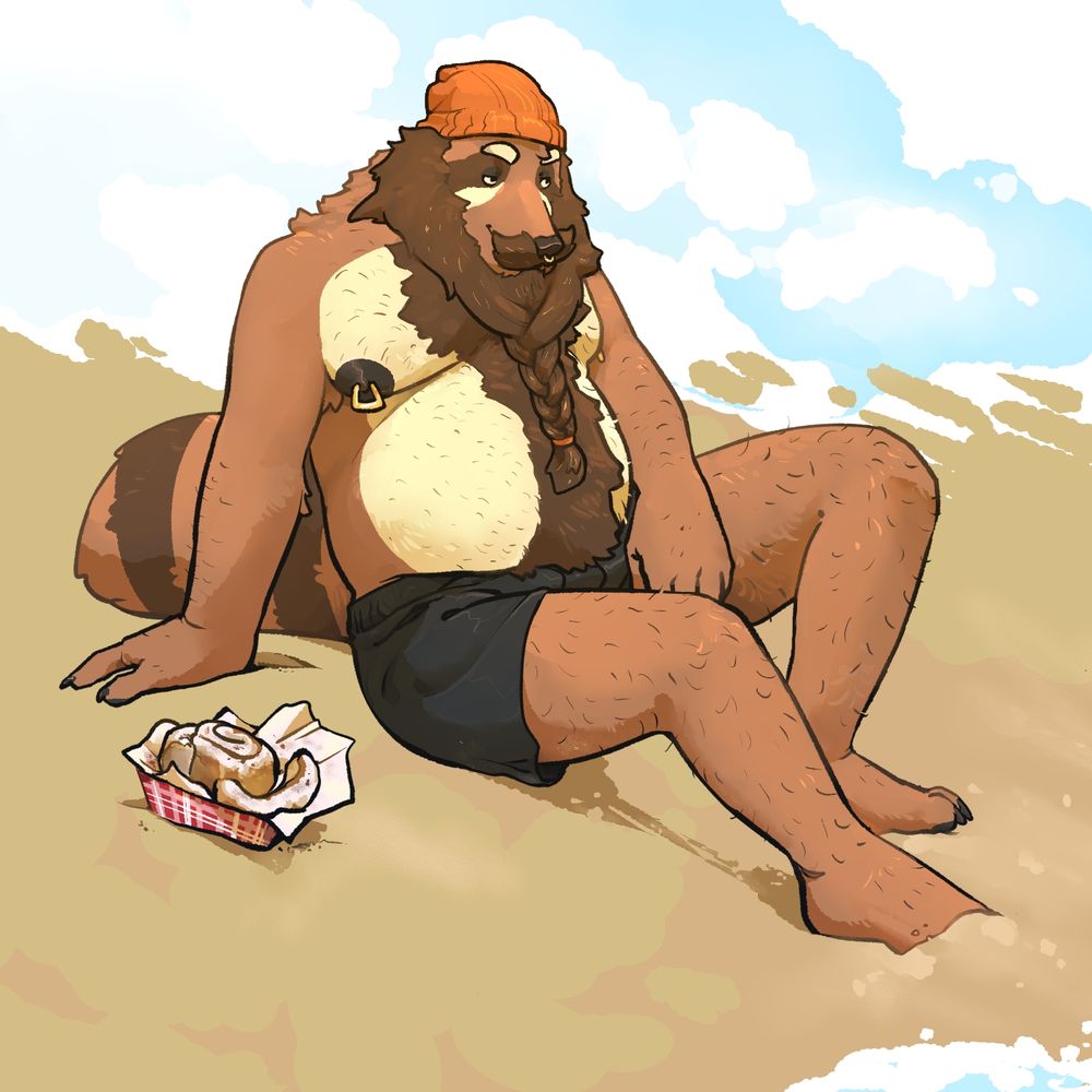 A drawing of a tanuki furry. He's thick bodied and hairy, with a long, braided beard and manicured mustache. He reclines on a sandy beach, expression calm and maybe a touch sensual. The furry is dressed in a set of black swim trunks and an orange toque, and a stout cinnamon roll rests half-eaten on the sand next to him.