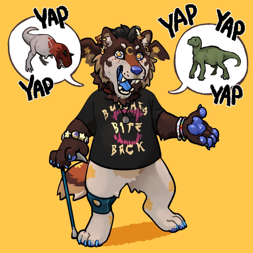 A cute, toony drawing of a wolf furry. They have little wings on their head and space-themed markings in natural colors. There is a brace on their right leg and a cane in their right hand, bracelets on each wrist, gold jewelry in their ears, and a silver wolf-paw pendant hanging around their neck. Their shirt reads: Butches bite back. Two speech bubbles float by their head, but instead of words they contain doodles of a carnotaurus and an iguanodon