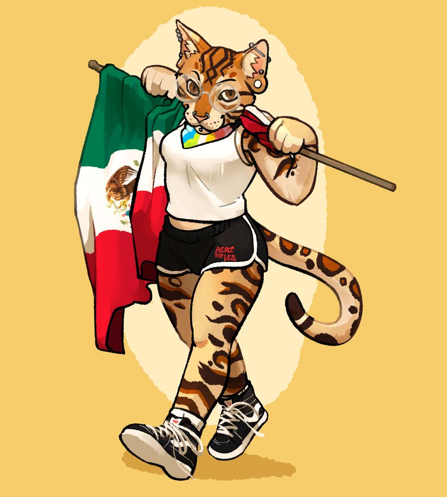 A slightly toony drawing of a bengal cat furry. She has an athletic build and is dressed to show off his muscular thighs, slim tummy, and perky breasts. Black high top vans, slightly cropped white muscle tank, and black "Pierce the Veil" shorty shorts. The cat sports several facial and ear piercings and big round muted gold glasses. A queer pride flag bandana is cinched around her neck, and she carries a large Mexican flag over her shoulders as she strides forward.