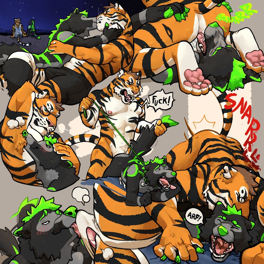 A page of pornographic drawings of a gay furry couple. The taller of the two is a muscular bengal tiger. He's cut as hell, with powerful arms and defined abs. The smaller furry is a slender wolf, whose grey and black fur has electric green accents. In the multiple scenes splashed across the page they:
-Sit on a starry beach, holding hands.
-Embrace and kiss, dressed only in underwear. It's implied they're cuddling in bed.
-The tiger sits on the wolf's face. Wulrik, the wolf, grips Shags, the tiger's, hips. Wulrik rims Shags enthusiastically, thrusting his tongue into the tiger's ass and snarling.
-Shags lifts and arm over his head and flexes while shoving Wulrik's snout in his armpit with his other hand.
-Shags the tiger fucks Wulrik in the ass doggy style. He yanks Wulrik's tail and leash hard, snarling "FUCK!" Wulrik pants heavily, eyes rolling. A smear of cum marks the sheets below his belly.
-Wulrik the wolf laps obediently at Shags' erect cock through the white fabric of a jockstrap. Wulrik's nostrils are flared as he enjoys the tiger's scent.
-Shags breeds Wulrik, fucking into him hard from behind. He crushes the wolf's body into their shared bed and bites the nap of his neck hard, snarling. Wulrik lets out his own weak little "Arf!" of pleasure.
