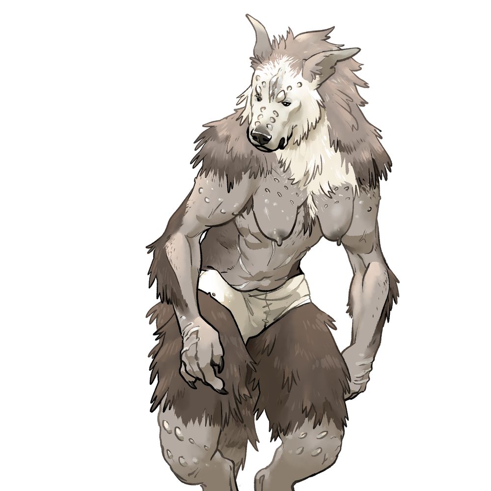 A female gnoll hunched against a white background. She's shaggy along her neck, shoulders, and thighs, somewhat like a brown hyena. Her skin and coat is muted brown and grey, with a cream colored face. There's scarficiation on her exposed skin, mostly dots, with labia carved in her forehead like a third eye.