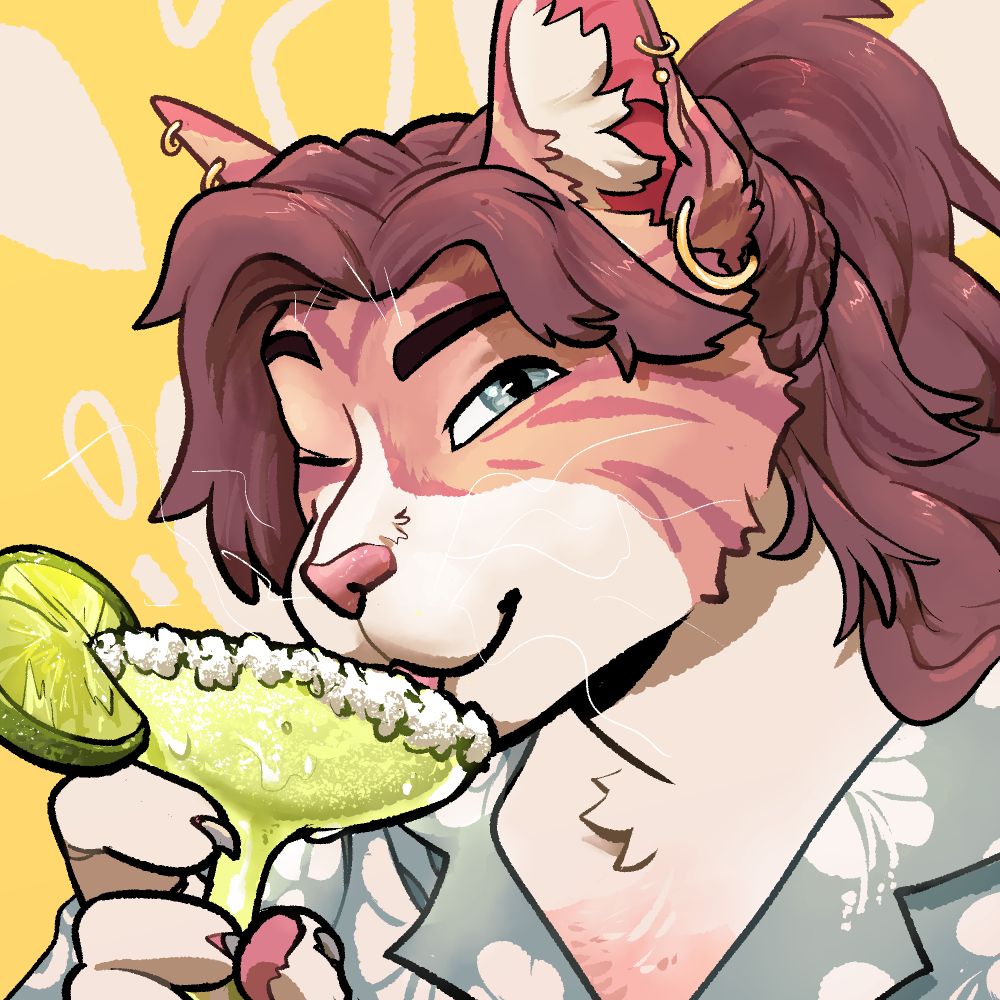 A drawn headshot of a calico cat furry drinking a margarita but with their tongue like a real kitty. They're winking at the viewer. The cat is dressed in a hawaiian shirt and gold jewelry, and their auburn hair flows just so over their shoulders. 