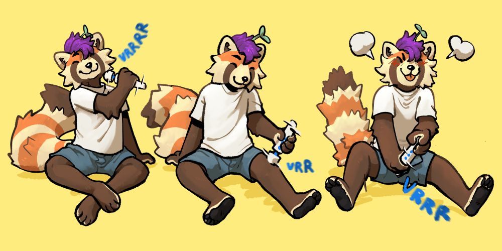 A short, three panel comic of a red panda. The panda is slim and masc, with a fluff of sparkly purple hair and a cute little leaf sprouting from their head. 
Panel One: Smiling cutely, Mavis tests a hitachi magic wand against their cheek.
Panel Two: Still grinning, they use the wand to massage their quads.
Panel Three: With a cute and silly air, blushing furiously, tail fluffed, they cram the wand into the front of their shorts.