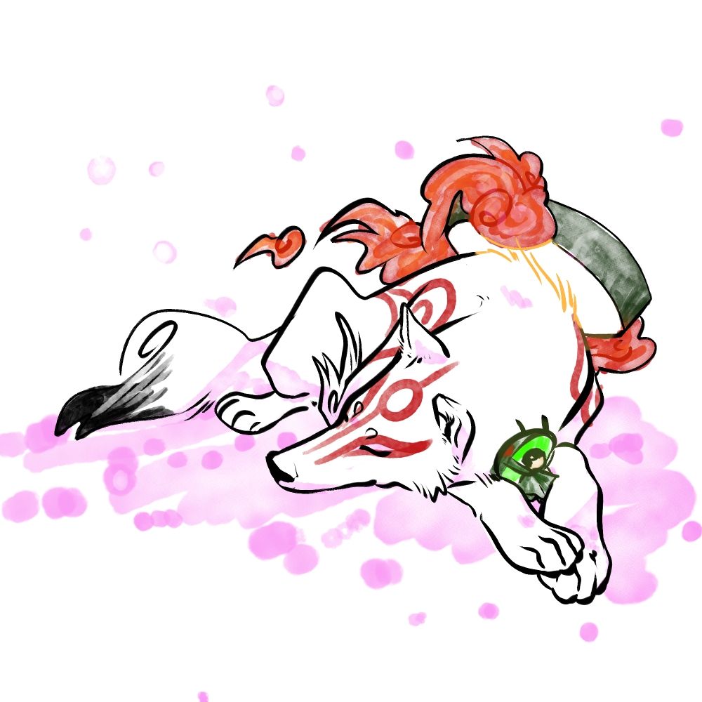 The titular character from okami, napping among falling pink blossoms. A little green bug rests against her chest, nestled safely between her paws.