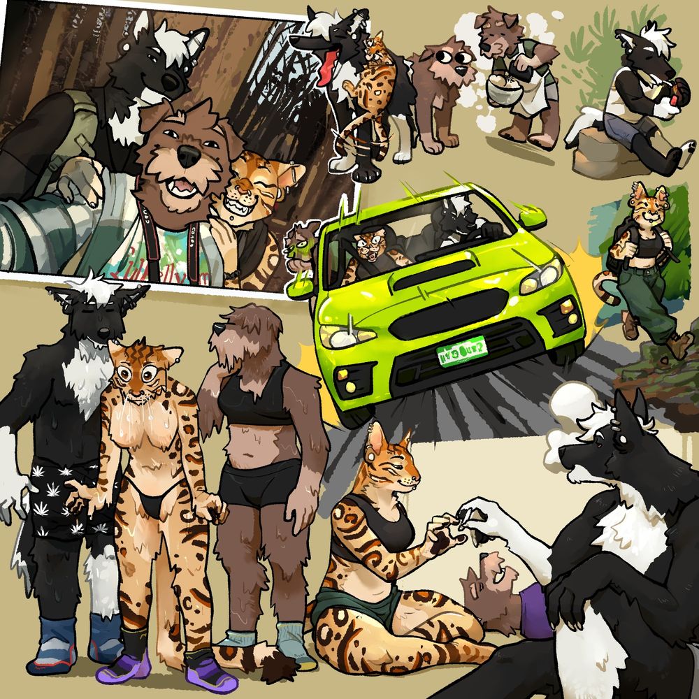 A page of drawings of a furry throuple. The tallest of the three is a black and white coyote furry with a t-dominant body. The smallest is a bengal cat woman with a curvy, athletic e-dominant body. The third is a brown schnauzer, also with an e-dominant body, though a bit stockier with strong shoulders. There are several scenes of them across the page:
-A photograph of the three of them in the woods, smiling for the camera. The schnauzer holds up the cell phone and takes the photo, her partners smiling behind her. 
-The three of them in normal animal forms. Coyote panting happily, bengal cat hanging playfully off his neck, clearly biting and clawing him. Schnauzer just behind them whale eyeing.
-The schnauzer happily whisking some sort of dough with an electric beater.
-Coyote sitting on a rock, lighting a blunt.
-Bengal hiking somewhere rocky and green.
-An electric yellow sedan (sorry I don't know anything about cars I just draw these things) being driven by the coyote. He is clearly going fast and looks both triumphant and focused. The cat is in the passenger seat, smiling wildly even as she braces herself against her seat. In the back, the schnauzer is leaning out an open window, their face as green as the car and clearly about to barf. 
-The three of them standing, soaking wet, in their underwear and socks. It's implied they might've been hiking and gotten caught in the rain, and now in a dry place have stripped off most of their cold clothing. The yote wears black and white weed boxers and navy socks. Cat is in a black thong and black and purple socks, and though her bra is off, her soaking wet fur covers her nipples. The schnauzer is in a matching set of black boy shorts and sports bra with muted teal socks. Her eyebrows and mustache drip.
-The three of them sharing a blunt. The coyote blows a puff of smoke while handing the blunt to the cat, who smiles serenely. The schnauzer is T-posing on the ground, straight zooted.