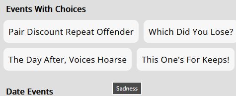 A Firefox tooltip that only says "Sadness" over the umamusume training event helper website