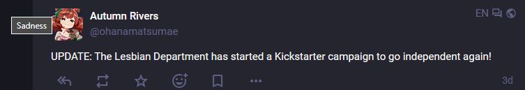 A Firefox tooltip that only says "Sadness" over my post about the lesbian department starting a kickstarter
