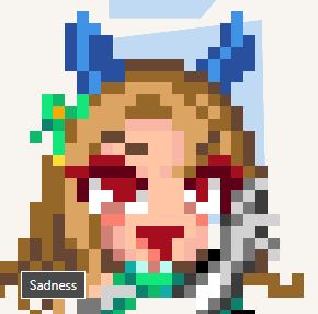 A Firefox tooltip that only says "Sadness" over my pixel art of King Halo from Umamusume in wplace