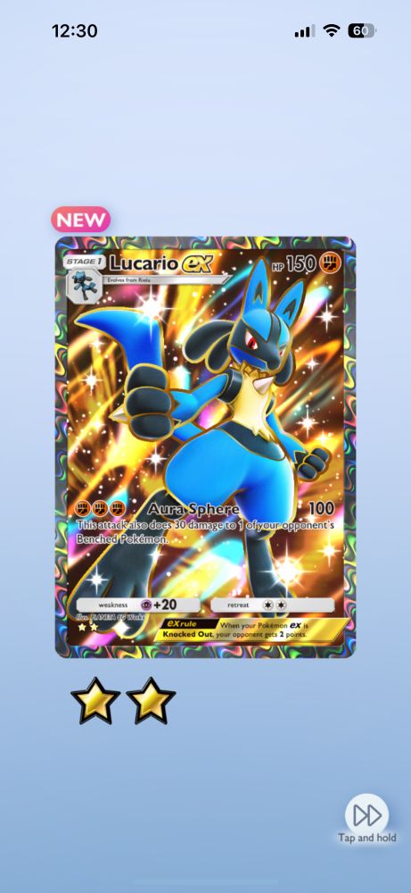 Pokemon TCG Pocket screenshot of a special sparkly boi Lucario EX card
