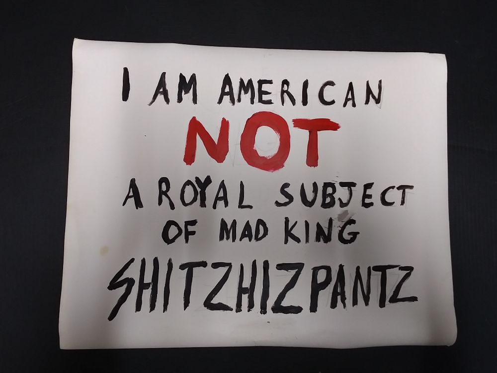 A hand painted sign that says, "I am American NOT a royal subject of mad king Shitzhizpantz"