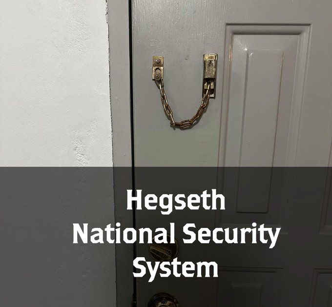 A white door with a chain lock on the door, as opposed to one section on the door jamb and one on the door accompanied by the text "Hegseth National Security System"