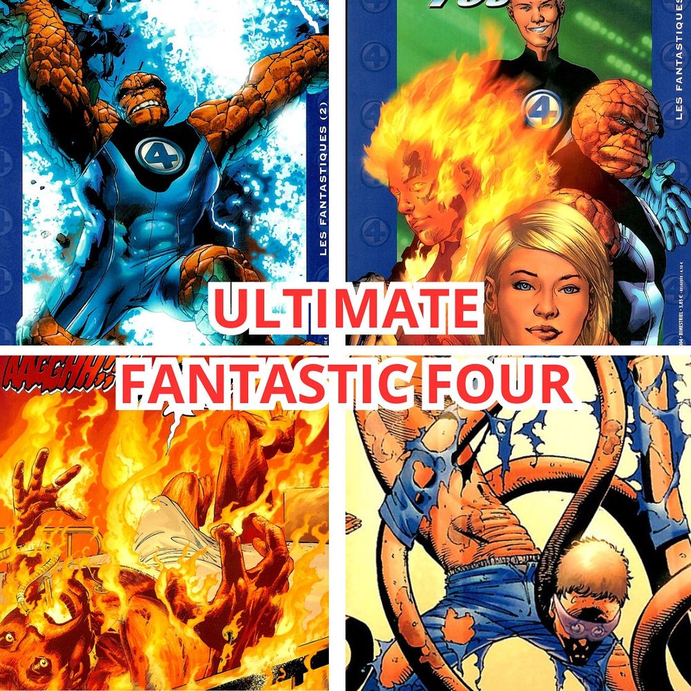 Jaquette de l’épisode du podcast sur Ultimate Fantastic Four
Montrant des images de l’oeuvre