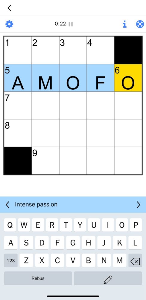 Mini NYT crossword puzzle. Clue “intense passion”. Line says “Amofo”.