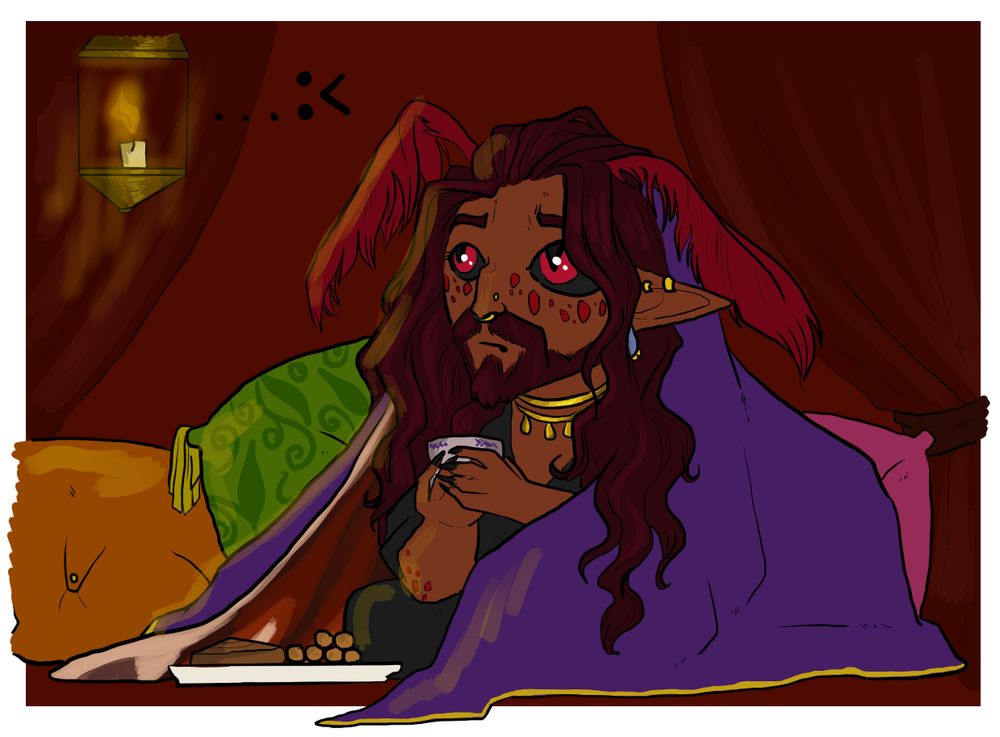 art by FadedTapestry. A flat colored chibi depiction of Valeriu wrapped up in a purple blanket, surrounded by plush, colorful pillows.  He is wearing simple black robes. He is holding a cup of coffee and has a plate of food before him. He has a :< expression on his face and his antennae are droopy. 