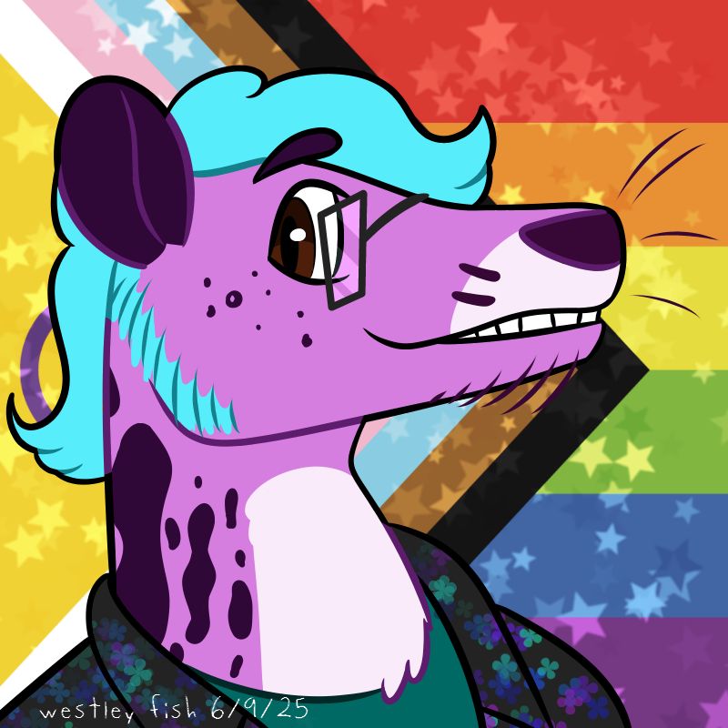 digital drawing of an anthro linsang. he's wearing a pair of glasses, a t-shirt and a patterned shirt over it. behind him is a progress pride flag with star shapes. he is purple colored with brown eyes, blue hair, and dark purple markings