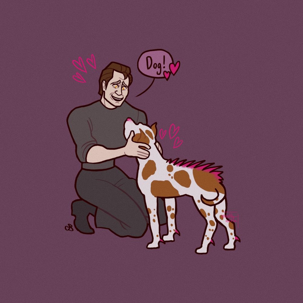 B-4 from Star Trek: Nemesis is on his knees petting a Romulan canine. He is overjoyed and exclaiming, “Dog! 💕”