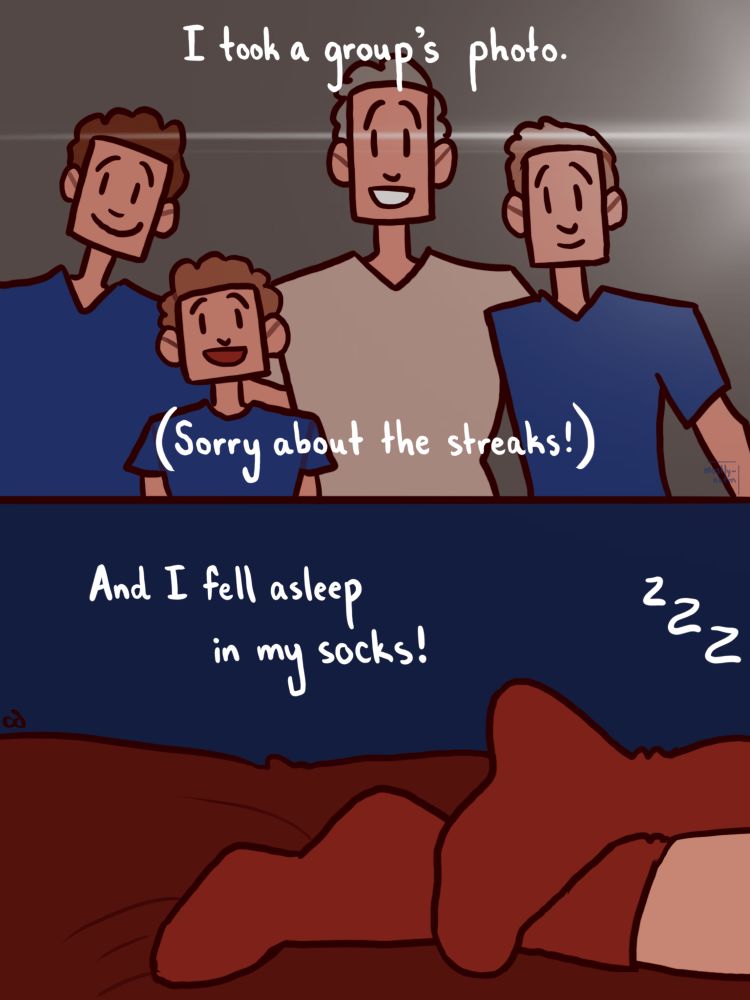 In the top panel, a group of four people stand together smiling. The narration says, “I took a group’s photo. (Sorry about the streaks!)” In the final panel, there are two red socks on top of a red blanket. The narration concludes, “And I fell asleep in my socks!” 