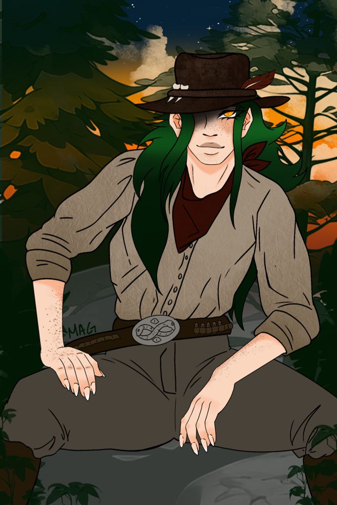 My oc Toura as a cowgirl sitting on a rock with a sunset and some trees behind her 