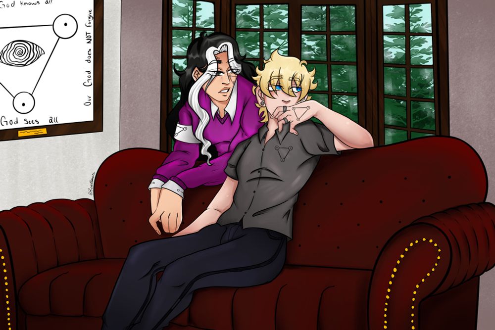 Danny and Sarah in a sitting room, speaking to one another about something. In the background you can see a forest and religious propaganda about their cult! 