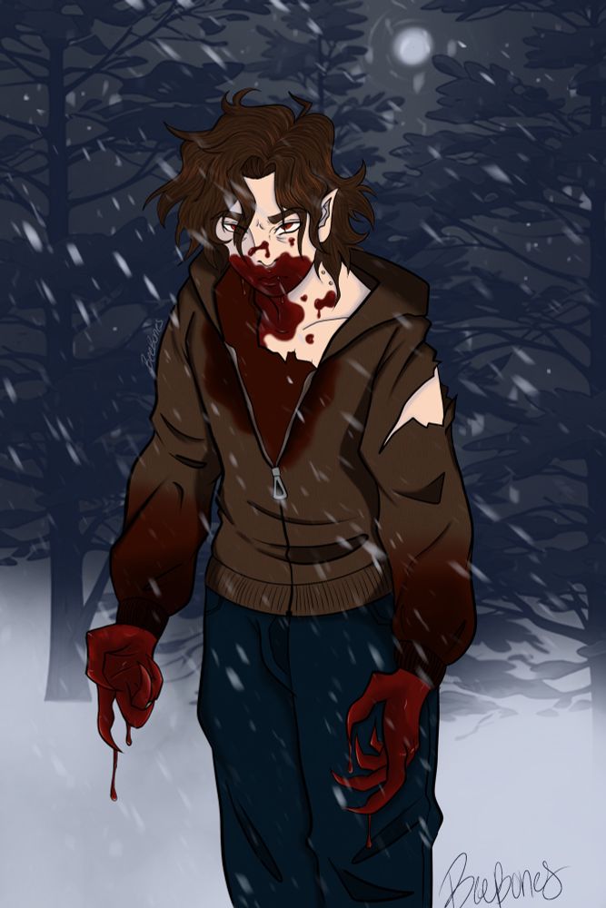 William the vampire standing in a snowy forest covered in blood, a far off look in his eyes as blood drips off his hands and face. 