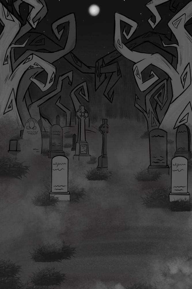 A cemetery under the light of a full moon
Various tombstones/headstones in shades of grey
In the background there are several twisted trees going every which direction 