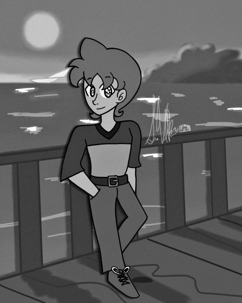 "Johnathan on the Riverwalk" (2023) by Dr. Volk - Black and White version

An image of my OC, Johnathan Masakurai, leaning against the railing ov a riverwalk. The sun is shining, and there is a small, white boat on the horizon. There is some vegetation on the horizon as well.