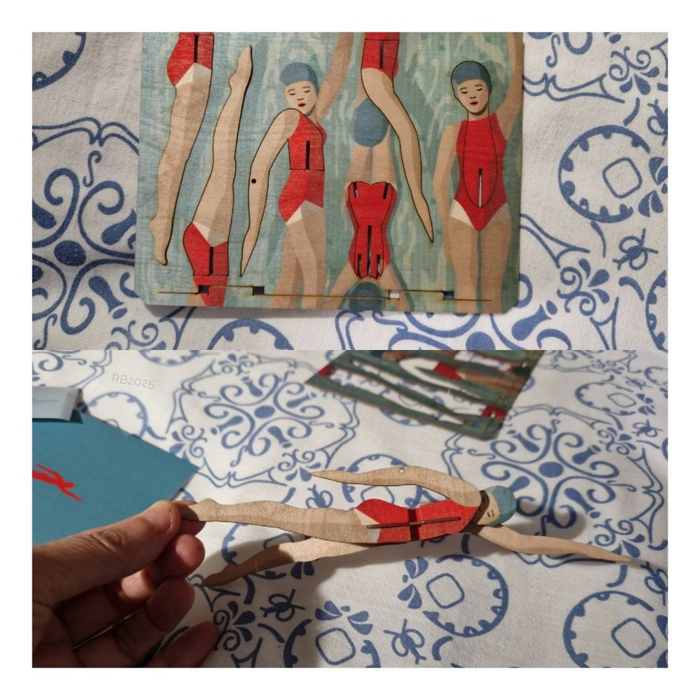 Collage con un puzzle de madera en forma de nadadora, antes y después del montaje.