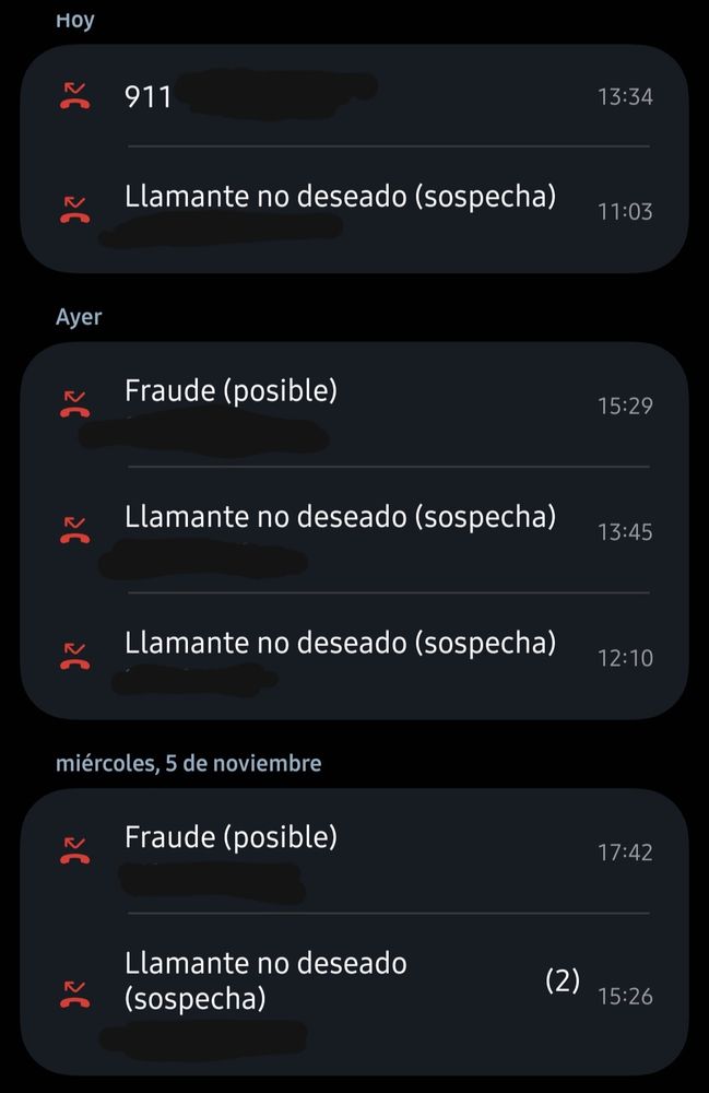 Captura de pantalla de llamadas de spam de los últimos días. 