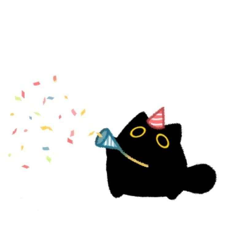Chat noir avec un chapeau cône de fête qui pop des confettis multicolores