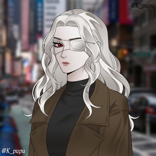 my oc, rosalia, wearing her usual brown jacket and black turtleneck.