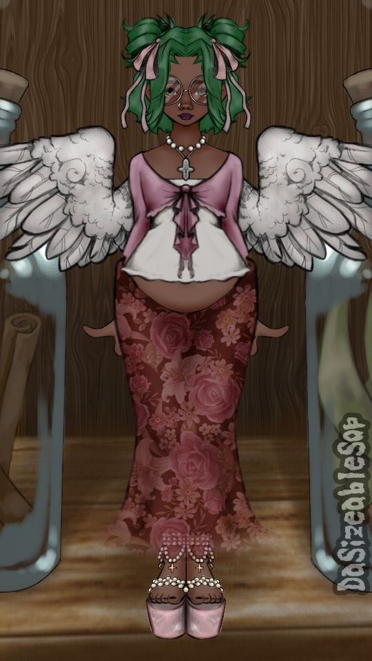 my oc, olive, posing for a photoshoot. they are wearing a 2000s-inspired pink and white outfit with angel wings.