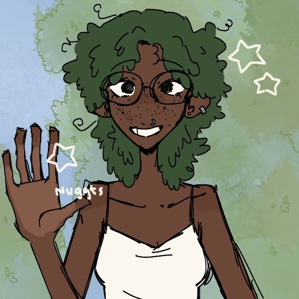 picrew version of my oc, olive. they are smiling sheepishly and waving their right hand at the viewer. she has on a cream-colored tanktop and her verdant hair is not in her signature space buns.