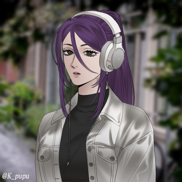 my oc, wren. he's dressed plainly in a white jacket and black turtleneck. he is also wearing white over-the-ear headphones.
