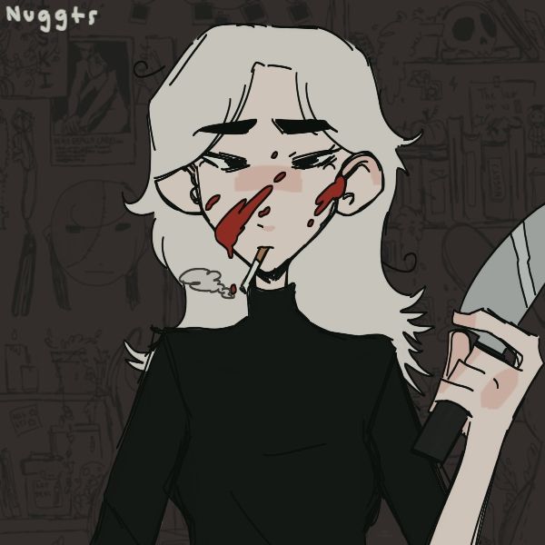 rosalia, another oc. she is dressed her typical black turtleneck and holds a knife in her left hand. her eyes bore into the observer. a violent red blood spatter drips from her expressionless face as the smoke rises from her glowing cigarette.