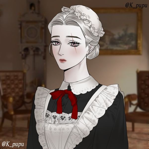 my oc, rosalia, when she was still human. she was born with albinism and is dressed as a proper victorian maid.