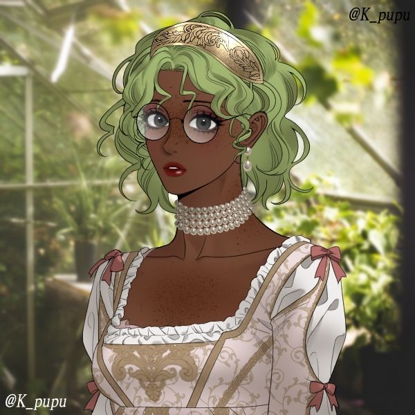 my oc, olive, wearing a light pink and white regency(?) style dress accessorized with a golden tiara, a stacked pearl choker, and pearl drop earrings.