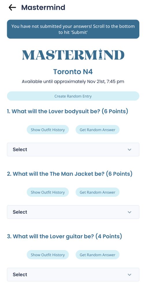 Screenshot of a blank mastermind entry from the swift alert app. 