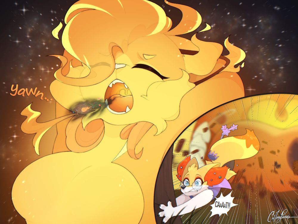 My fursona in her star form, made out of starfire, yawning as if freshly waken up from slumber, yawning and stretching, unaware that with her yawn she is inhaling the entire solar system. A cutaway shows the POV from earth, that Kana is holding on to a tree all panicked, as she and the entire planet is sucked into my mouth, while yelling "CAAAAT!" to call for my attention (it doesn't work)