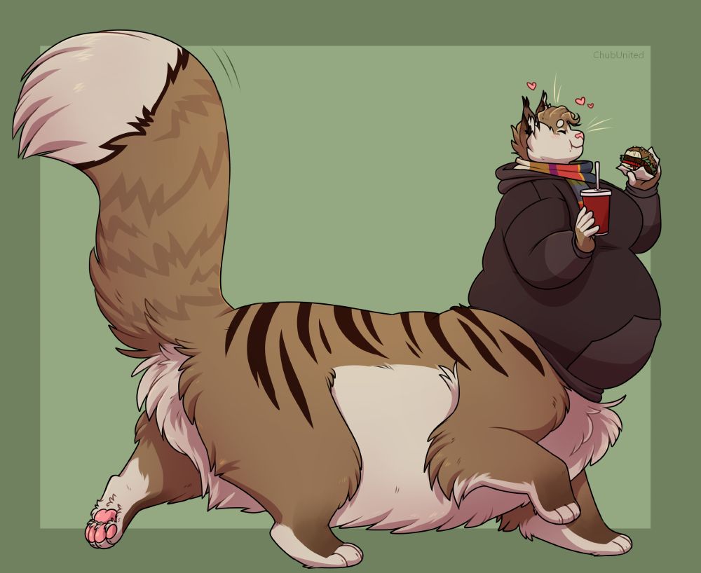 My fursona in taur form, with more of a fat shape than usual, happily walking with a soda and a burger on her hands~