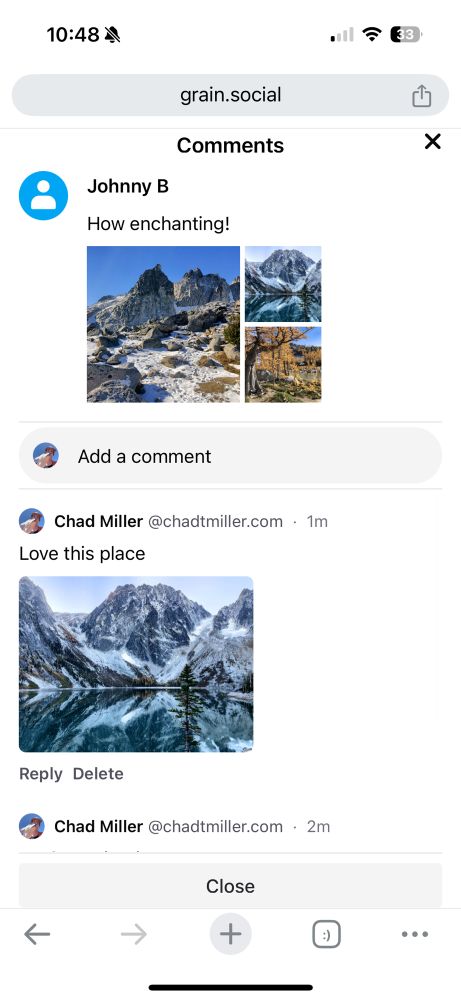 screenshot of a grain gallery comments dialog showing the subject (the gallery) and its associated comments. A user Chad commented on a photo “love this place”