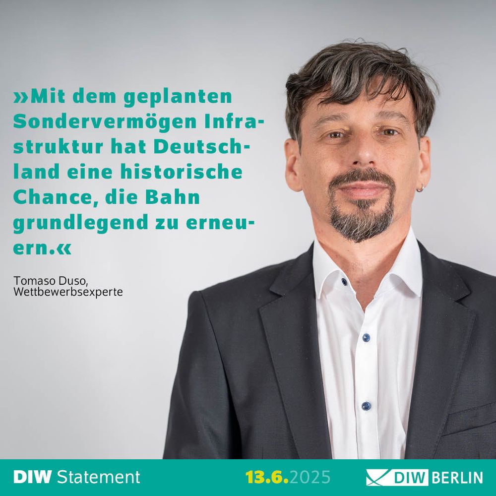 Mit dem geplanten #Sondervermögen Infrastruktur hat Deutschland eine historische Chance, die Bahn grundlegend zu erneuern. Aber Geld alleine reicht nicht aus“, sagt DIW-Forscher und Experte für Wettbewerbspolitik Tomaso Duso. 