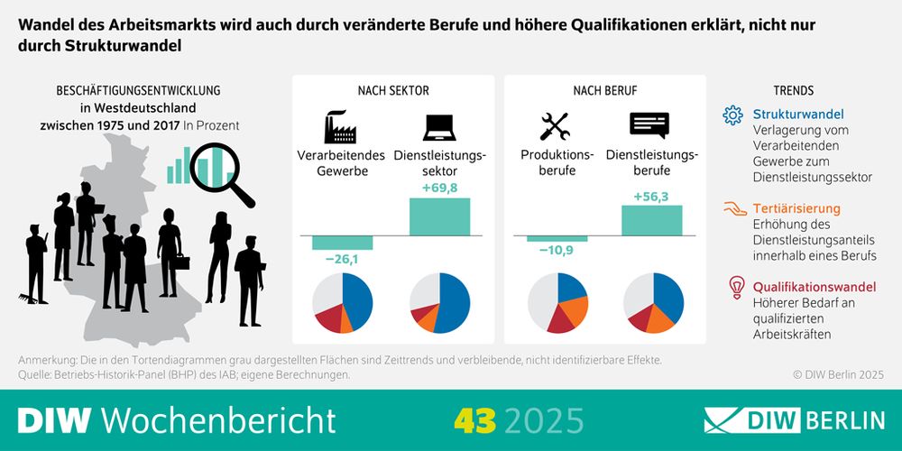 Infografik zum DIW Wochenbericht 43/2025: Wandel des Arbeitsmarkts wird auch durch veränderte Berufe und höhere Qualifikationen erklärt, nicht nur durch Strukturwandel.