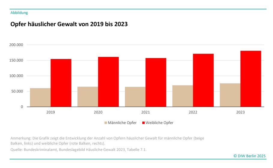 Opfer häuslicher Gewalt von 2019 bis 2023 als Säulendiagramm. Es gibt viel mehr weibliche Opfer als männliche und auch insgesamt mehr. 