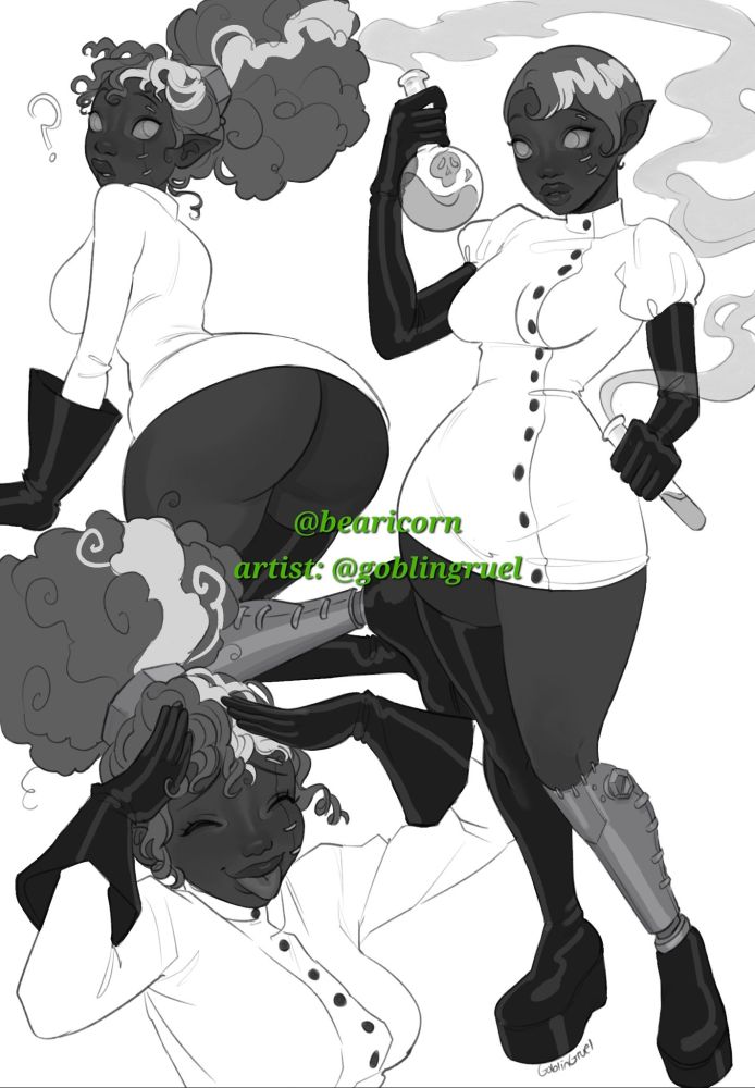 Shaded sketch page of A Black Forsaken woman with slightly pointed ears, dark skin and staples running down one side of her face wearing a mini labcoat and leather gloves and boots. The top left shows her bent over towards the background and looking over her shoulder towards the viewer. Below is a redraw of an anime meme With her tongue stuck out hands on her forehead in an "oops" expression and the right is a fullbody of her holding a test tube and a vial with mysterious liquids the smoke coming from them making a skull shape.