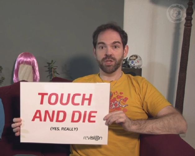 Screenshot from Revision Online 2020 opening show. Dojoe holds a sign that says "Touch and Die (yes, really)"




(P.S. This image was pinned in my Twitter profile back in the day!)
