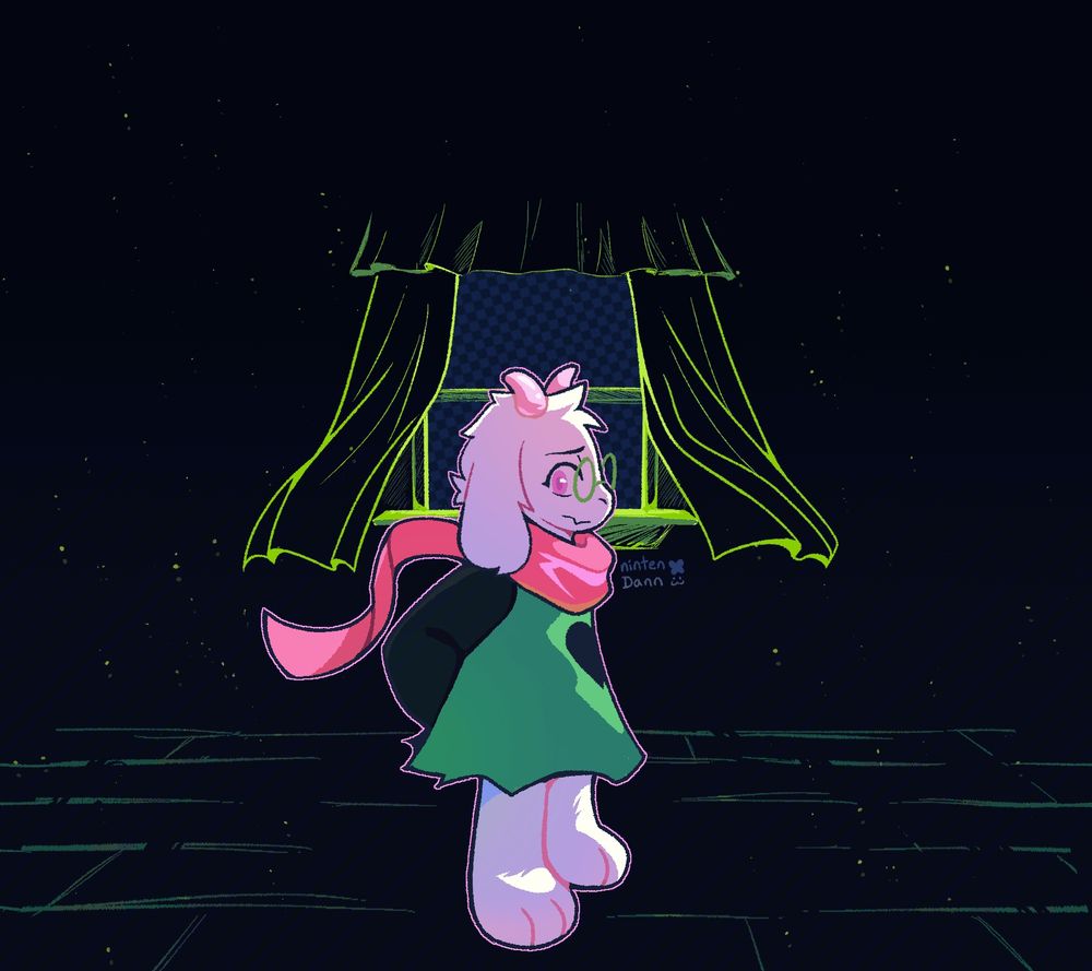 The artwork shows Ralsei standing in front of a window with a concerned look. The windows' curtains are blowing in the wind. #deltarune #ralsei