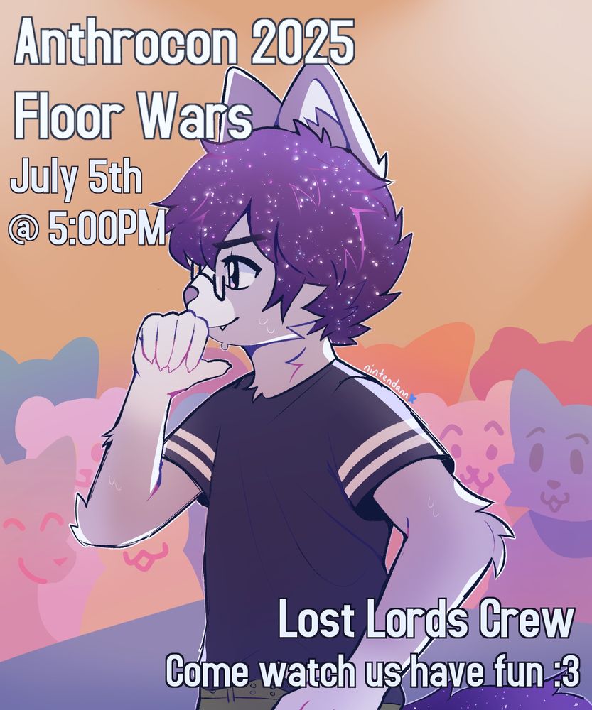 an artwork depicting an anthropomorphic cat named “Glucose” in a very concentrated pose. The setting is a dance floor surrounded by unlookers. The caption reads, “Anthrocon 2025 Floor Wars, July 5th @ 5:00PM. Lost Lords Crew; come watch us have fun :3.” #furry #furryart #ac2025 #anthrocon2025