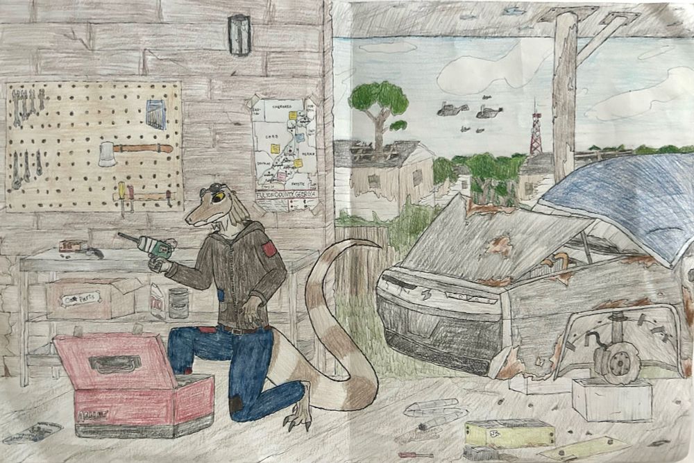 My frilled lizard OC Drosk working in a car on a garage