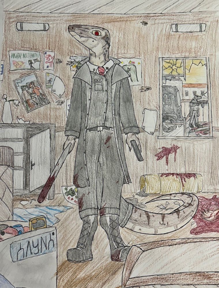 A reptilian agent of the CNH (the Karanian Empire’s secret police force) stands looking down at the viewer with a pistol and bloodied truncheon in hand. The scene is indoors, with blood covering the walls and floor.