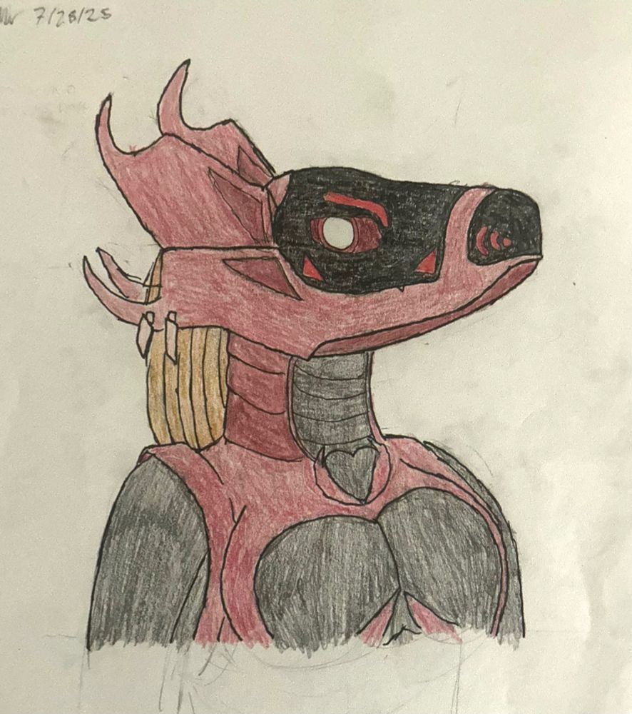 Traditional art of a halfbody (?) of a red and gray synth character with yellowish “hair”. They’re looking sternly off to the left